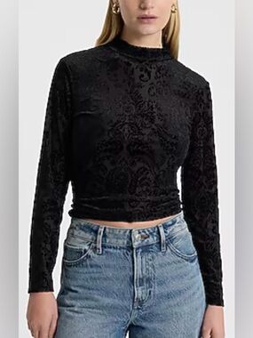 Express Black Damask Pattern Velvet Burnout Mock Neck Long Sleeve Top
